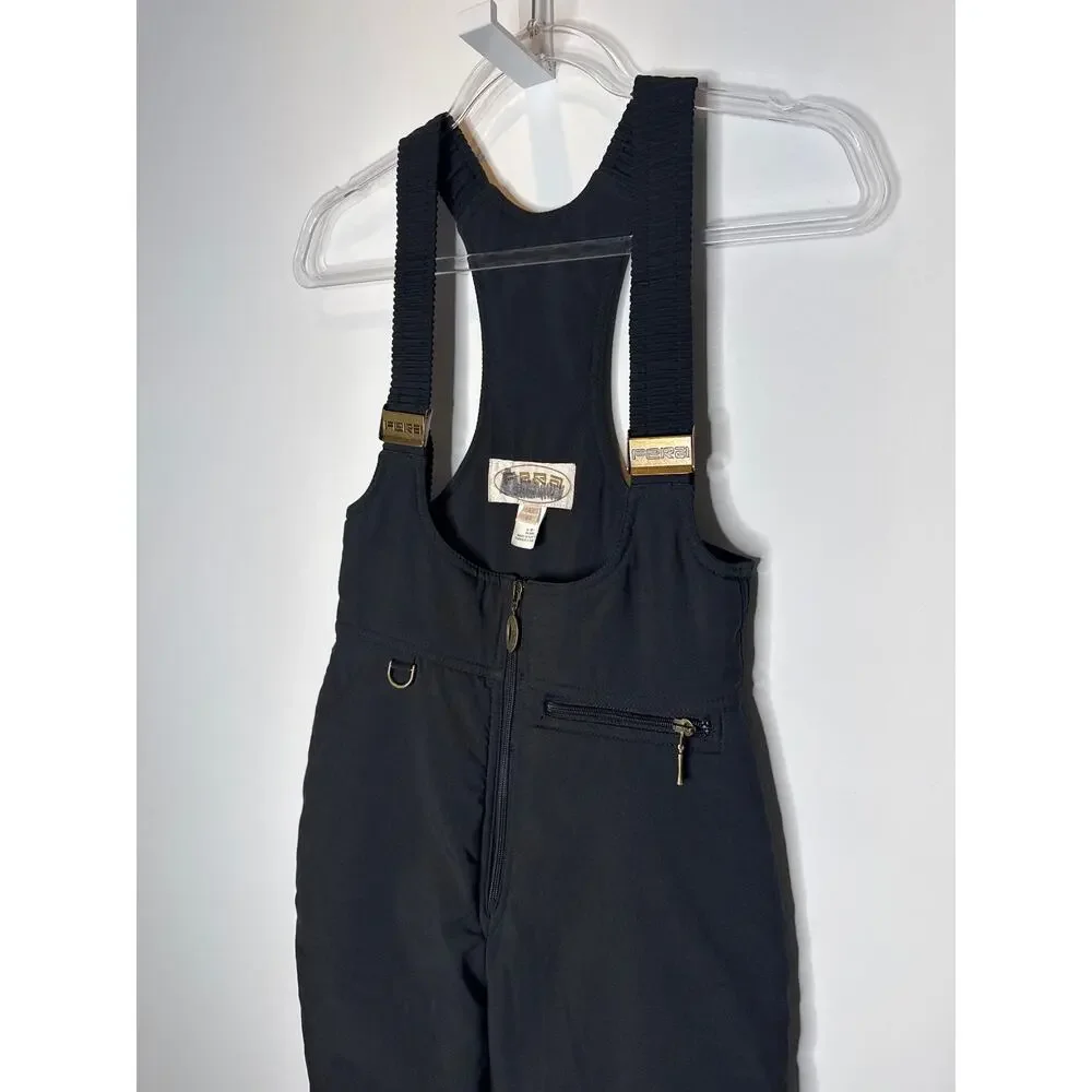 Vintage 1980s–90s Fera Black Quilted Ski Bib Overalls with stirrups 4 petite